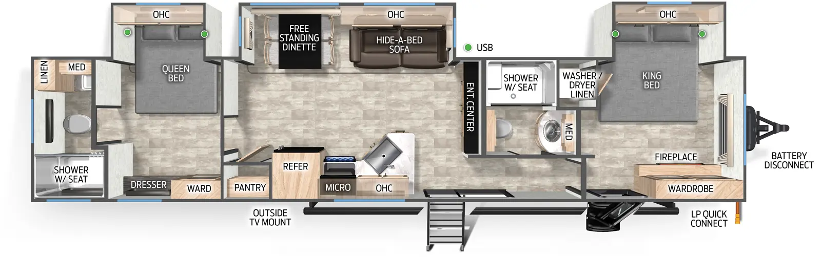 The Timberwolf 39HBA floorplan has two entries and three slide outs. Exterior features include: metal exterior and 21' awning. Interiors features include: free-standing dinette option, front bedroom, two bedrooms and rear bathroom.